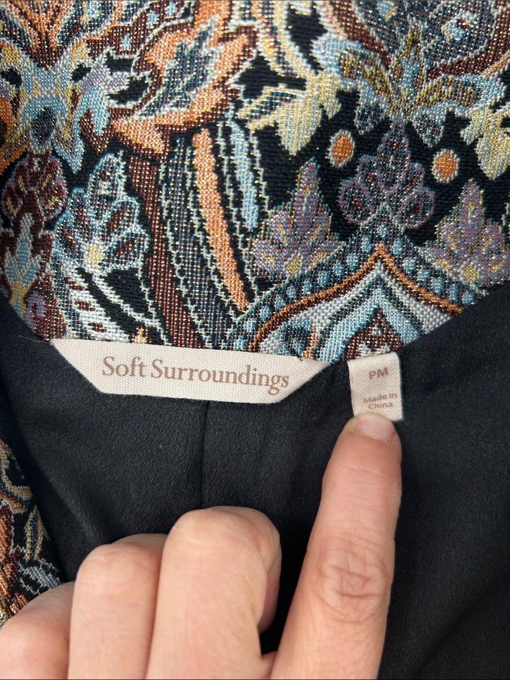 Soft Surroundings Jacket Women’s PM in Black, Tan & Blue Jacquard Boho - Picture 2 of 12